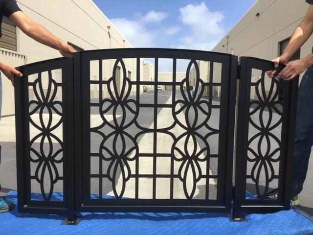 Unique designer yard gate with two matching sides panels 